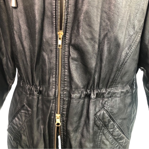 VINTAGE 90s Wilsons Leather Black Leather Hooded Insulated Coat Jacket Medium - Picture 4 of 8